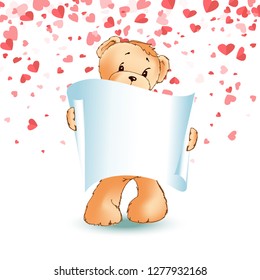 Teddy bear with paper scroll in Paw vector isolated cartoon animal on background of pink and red hearts. Spare place for greetings on Valentines day, plush toy