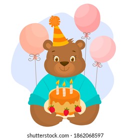 Teddy bear with party hat, strawberry birthday cake and balloons