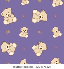 Teddy Bear pattern cartoon style with pastel background color, adorable, cute, and funny
