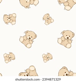 Teddy Bear pattern cartoon style with pastel background color, adorable, cute, and funny