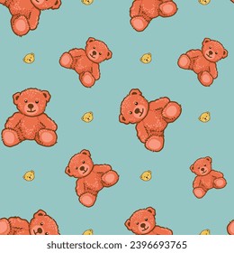 Teddy Bear pattern cartoon style with pastel background color, adorable, cute, and funny
