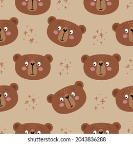 Teddy bear pattern design with bear heads hearts on rose background - funny hand drawn doodle, seamless pattern. Background or t-shirt textile graphic design. Wallpaper, wrapping paper, bedsheets.