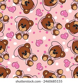 
teddy bear pattern with tender hearts in pink colors seamless