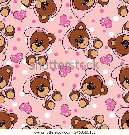 
teddy bear pattern with tender hearts in pink colors seamless