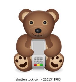 Teddy bear with payment terminal on a white background. Vector illustration.