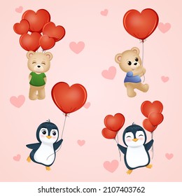 Teddy bear and penguin on balloon.Vector illustration 