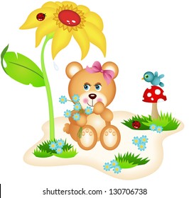 Teddy bear picking flowers