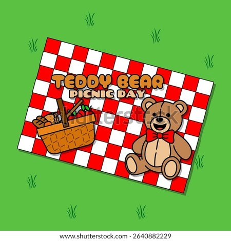 Teddy Bear Picnic Day to celebrate on July 10th. Illustration of a teddy bear with a picnic basket and a red and white checked picnic blanket on green background.