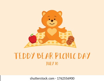 Teddy Bear Picnic Day vector. Cute teddy bear on a picnic blanket vector illustration. Teddy Bear Picnic Day Poster, July 10