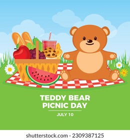 Teddy Bear Picnic Day vector illustration. Cute teddy bear sitting on a blanket with a picnic basket vector. Sweet teddy bear in summer landscape drawing. July 10 every year. Important day