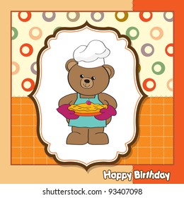 teddy bear with pie. birthday greeting card