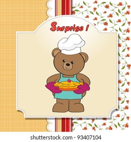 teddy bear with pie. birthday greeting card