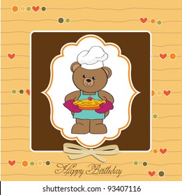 teddy bear with pie. birthday greeting card
