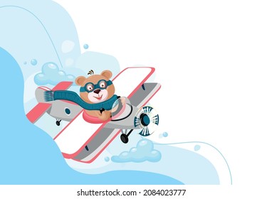 Teddy bear pilot flies on an airplane. Vector illustration of a cheerful bear cub in a cartoon style.