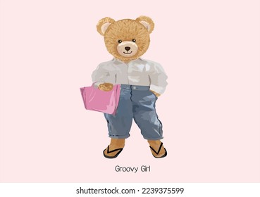 teddy bear with pink bag design hand drawn design chic fashion style outfit etc 