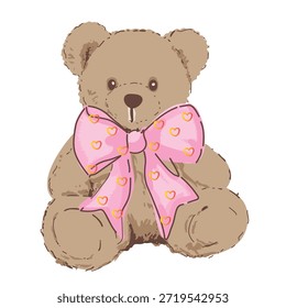 Oso de peluche con lazo rosa . Diseño de Ilustración vectorial para sudadera y gráficos, camiseta imprime fondo sobre blanco.
