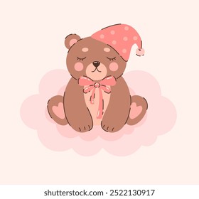 Teddy bear in pink clothes on a cloud. Flat vector illustration.