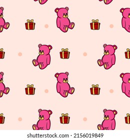 Oso de peluche rosa tan lindo y regalo rojo. Vector de patrón e ilustración.
