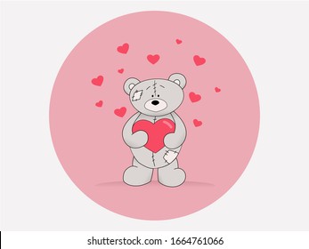 Teddy bear with a pink heart on a white background. Concept for cards and congratulations.