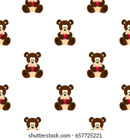 Teddy bear with pink heart pattern seamless background in flat style repeat vector illustration