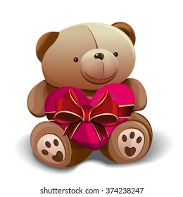 Teddy bear with pink heart tied with a red ribbon. Vector illustration.