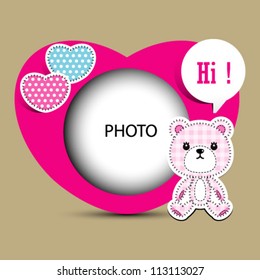 Teddy bear with pink heart. Valentine card.