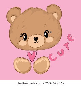Teddy Bear and Pink Heart vector hand drawn illustration cute print design for kids