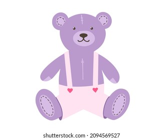 Teddy bear in pink pants with buttons in the form of hearts. Design element