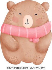the teddy bear with pink scarf for Valentine's Day watercolor clipart.he is smiling and happy.he is falling in love