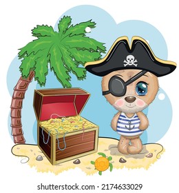 Teddy bear pirate, cartoon character of the game, wild animal in a bandana and a cocked hat with a skull, with an eye patch. Character with bright eyes and treasure chest