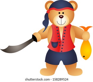 Teddy Bear Pirate with Sword and Fish 