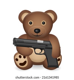 Oso de peluche con pistola sobre fondo blanco. Ilustración vectorial.