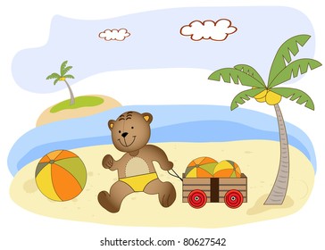 teddy bear play on the beach