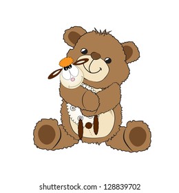 teddy bear playing with his toy, a little sheep, vector illustration