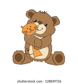 teddy bear playing with his toy, a cat, vector illustration