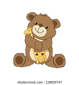 teddy bear playing with his toy, a giraffe, vector illustration