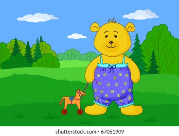 Teddy bear playing in summer forest with toy horsy