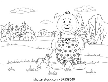 Teddy bear playing in summer forest with toy horsy, contours