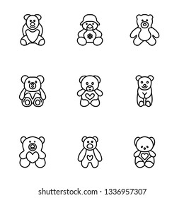 Teddy bear plush toy flat vector icons set