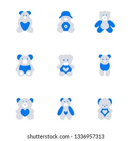 Teddy bear plush toy flat vector icons set