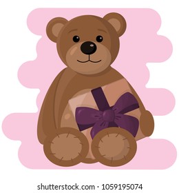 Teddy bear plush toy holding a gift box with a purple bow on pink background