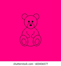 Teddy bear plush toy line art icon. Black icon on pink background