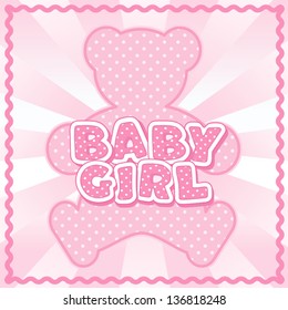 Teddy Bear in polka dots, baby girl block letters, pastel pink background, rick rack frame. For baby albums, scrapbooks, announcements, crafts. EPS8 compatible.