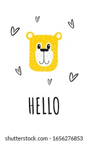 Teddy bear, poster for children s room, greeting card, printing on the wall, pillow, children s interior decoration. vector hand-drawn illustration.bear face and letters hello