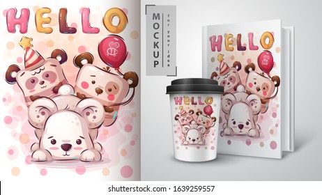 Teddy bear poster and merchandising. Vector eps 10