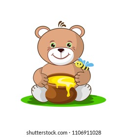 A teddy bear with a pot of honey and a beehive with merry bees. Summer vector illustration.