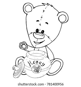 Teddy bear with a pot of honey icon. Vector illustration of a teddy bear holding a pot of honey. Hand drawn teddy bear holding a jar of honey.