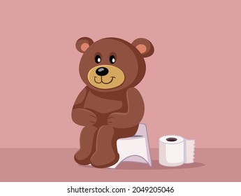Teddy Bear Potty Training Vector Cartoon Illustration. Childcare educational milestone of using the potty using stuffed animal as an example

