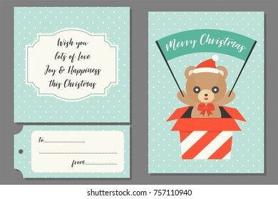 teddy bear in present box holding flag for Christmas greeting card with polka dot seamless pattern and blessing text