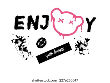 Teddy Bear print tee shirt with grunge font slogans.